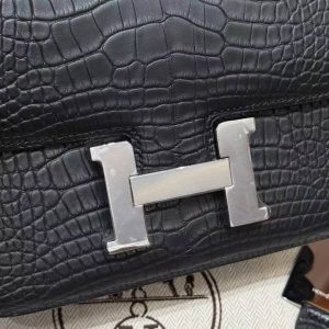 Hermes Constance 19 CM Bag Handmade In Matte America Crocodile Leather Silver Hardware 89 Noir - Image 9