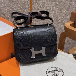 Hermes Constance 19 CM Bag Handmade In Matte America Crocodile Leather Silver Hardware 89 Noir - Image 5