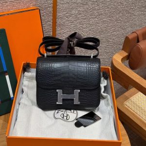 Hermes Constance 19 CM Bag Handmade In Matte America Crocodile Leather Silver Hardware 89 Noir - Image 3