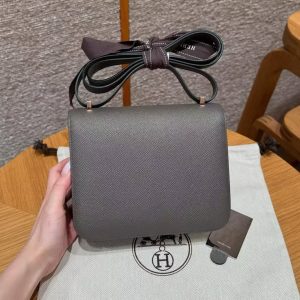 Hermes Constance 19 CM Bag Handmade In Epsom Calfskin Leather Rose Gold Hardware 8F Girs Etain - Image 2