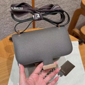 Hermes Constance 19 CM Bag Handmade In Epsom Calfskin Leather Rose Gold Hardware 8F Girs Etain - Image 13