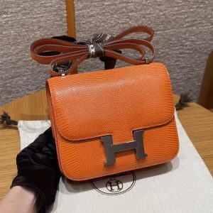 Hermes Constance 19 CM Bag Handmade In Lizard Leather from South Africa Silver Hardware 93 Orange