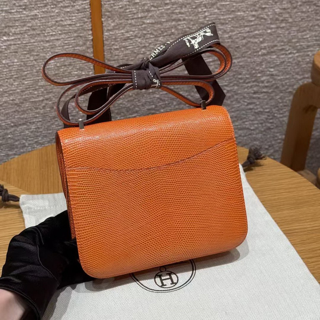 Hermes Constance 19 CM Bag Handmade In Lizard Leather from South Africa Silver Hardware 93 Orange - Image 2