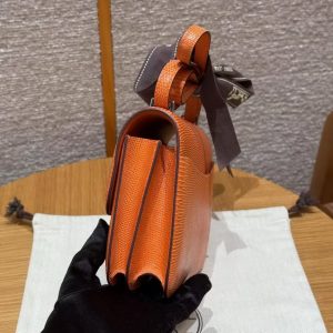 Hermes Constance 19 CM Bag Handmade In Lizard Leather from South Africa Silver Hardware 93 Orange - Image 18