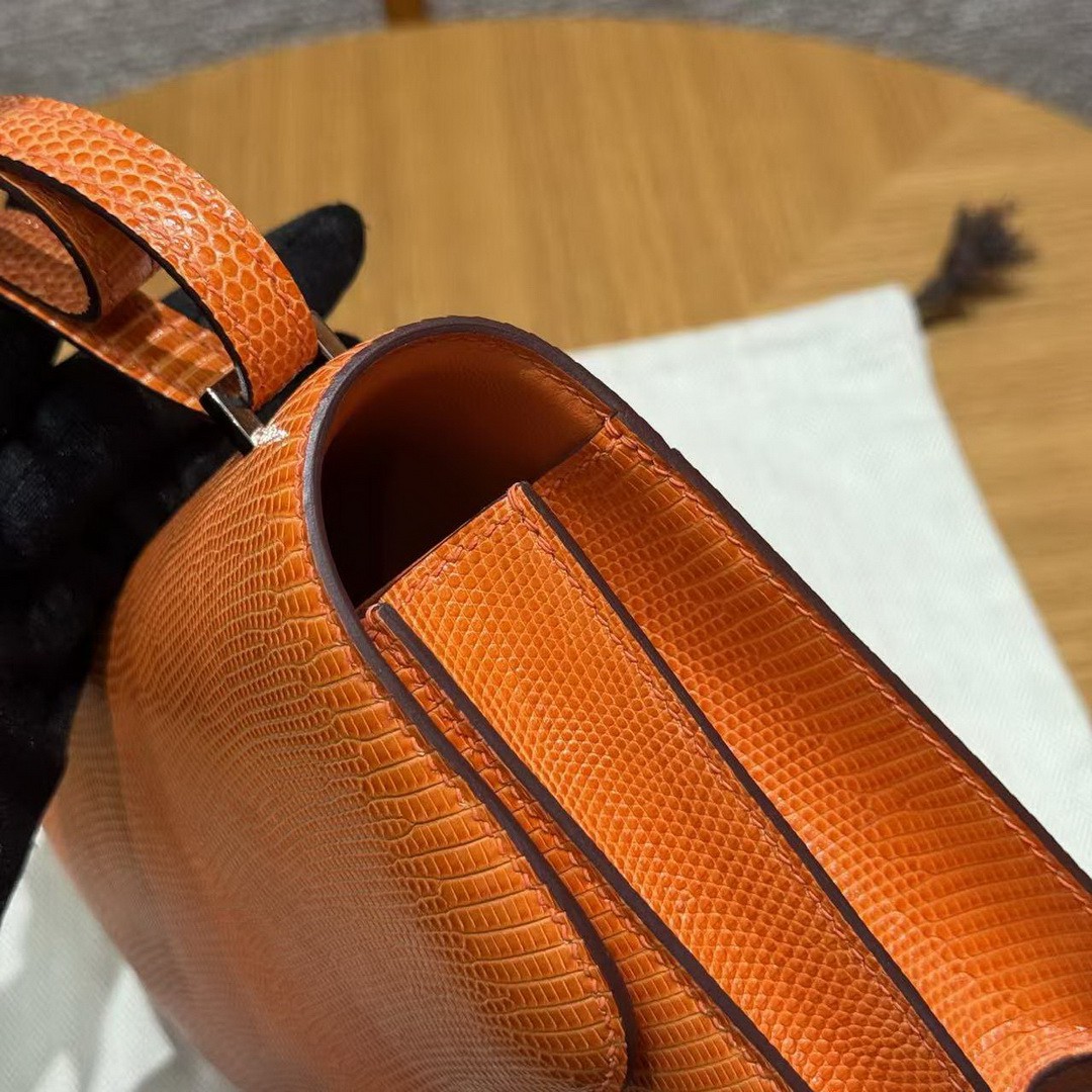 Hermes Constance 19 CM Bag Handmade In Lizard Leather from South Africa Silver Hardware 93 Orange - Image 10