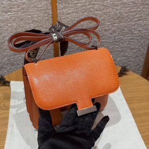 Hermes Constance 19 CM Bag Handmade In Lizard Leather from South Africa Silver Hardware 93 Orange - Image 8