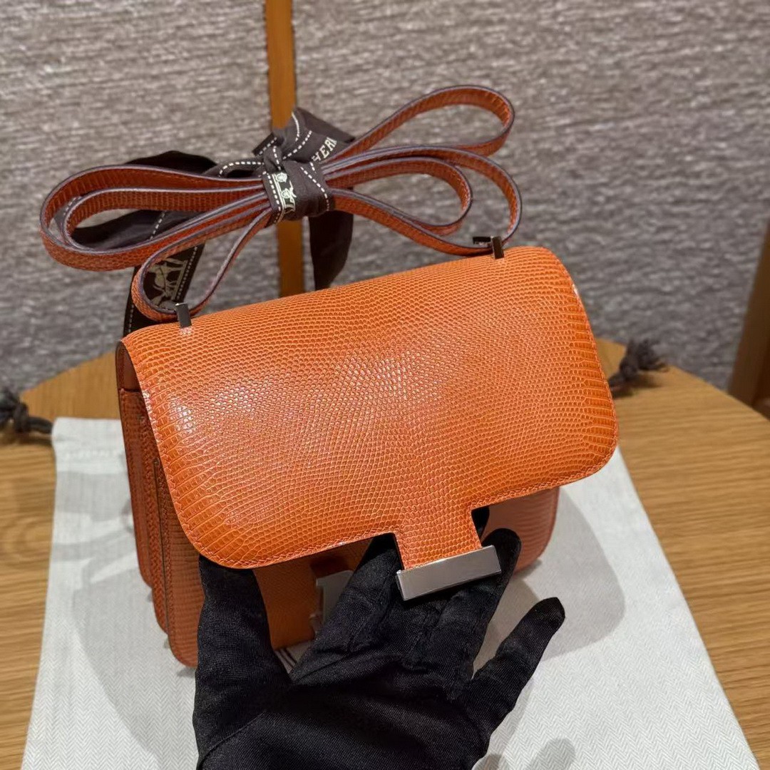 Hermes Constance 19 CM Bag Handmade In Lizard Leather from South Africa Silver Hardware 93 Orange - Image 8