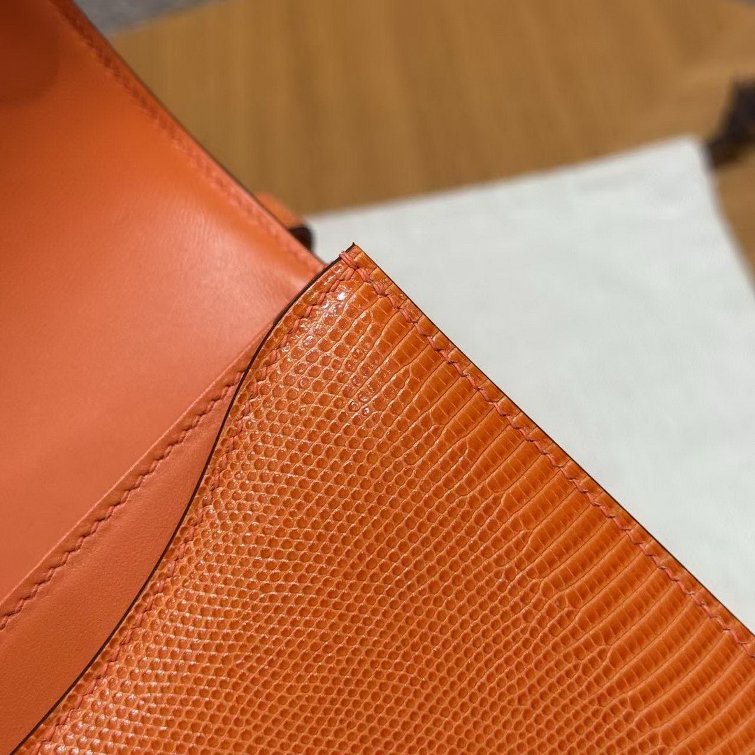 Hermes Constance 19 CM Bag Handmade In Lizard Leather from South Africa Silver Hardware 93 Orange - Image 5