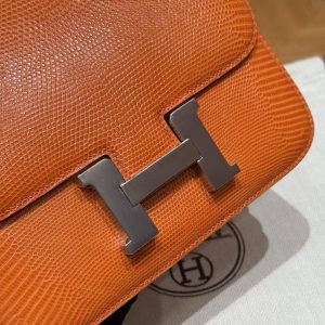 Hermes Constance 19 CM Bag Handmade In Lizard Leather from South Africa Silver Hardware 93 Orange - Image 4