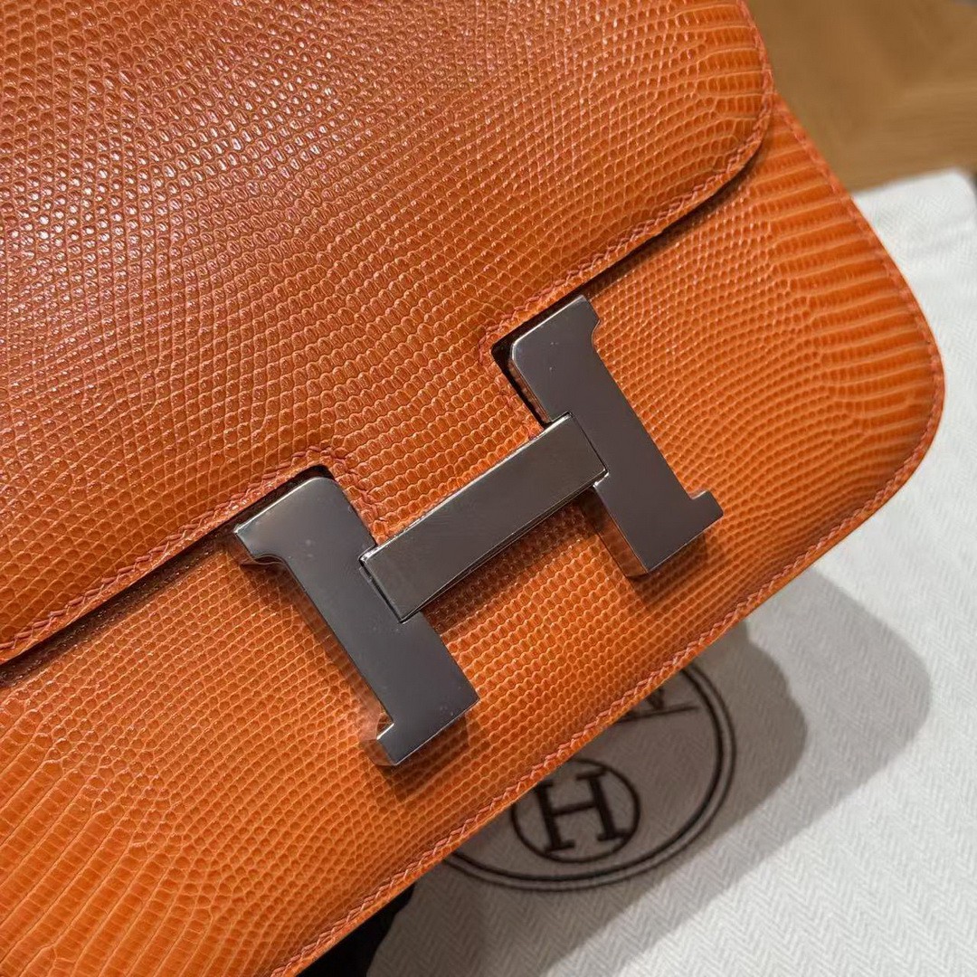 Hermes Constance 19 CM Bag Handmade In Lizard Leather from South Africa Silver Hardware 93 Orange - Image 4