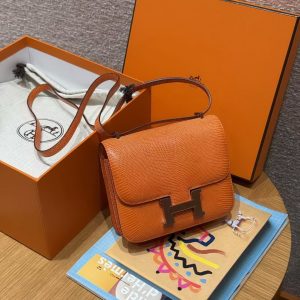 Hermes Constance 19 CM Bag Handmade In Lizard Leather from South Africa Silver Hardware 93 Orange - Image 3