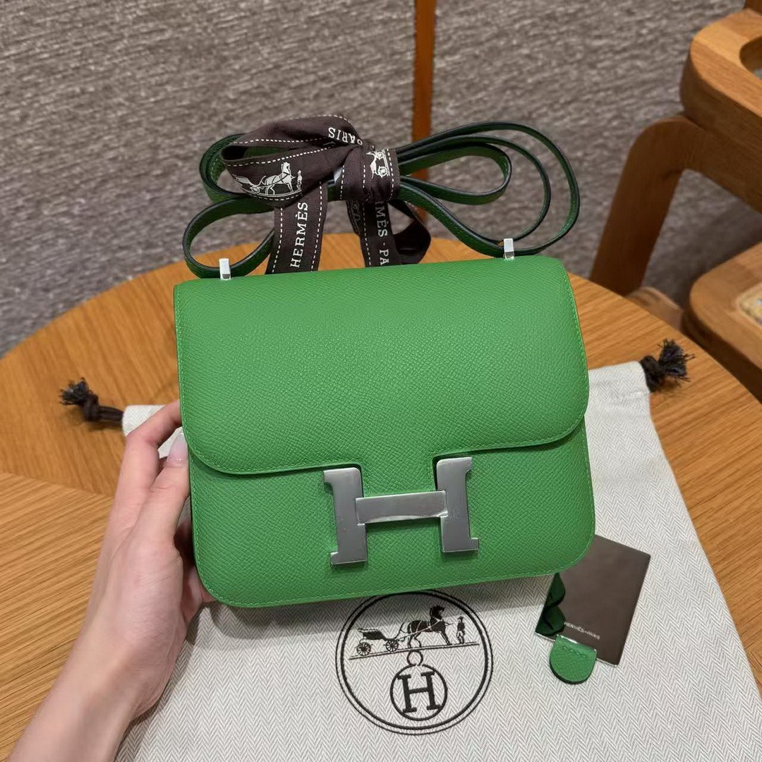 Hermes Constance 19 CM Bag Handmade In Epsom Calfskin Leather Silver Hardware A8 Vert Yucca