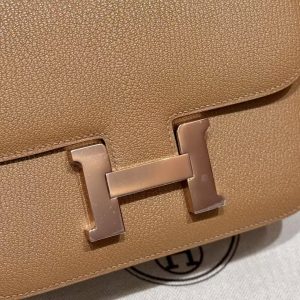 Hermes Constance 19 CM Bag Handmade In Chèvre Calfskin Leather Rose Gold Hardware OM Chai - Image 13