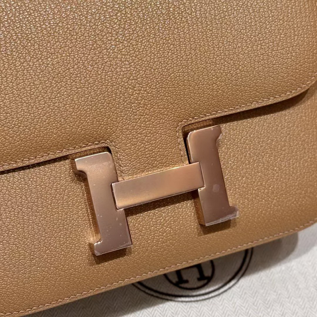 Hermes Constance 19 CM Bag Handmade In Chèvre Calfskin Leather Rose Gold Hardware OM Chai - Image 13