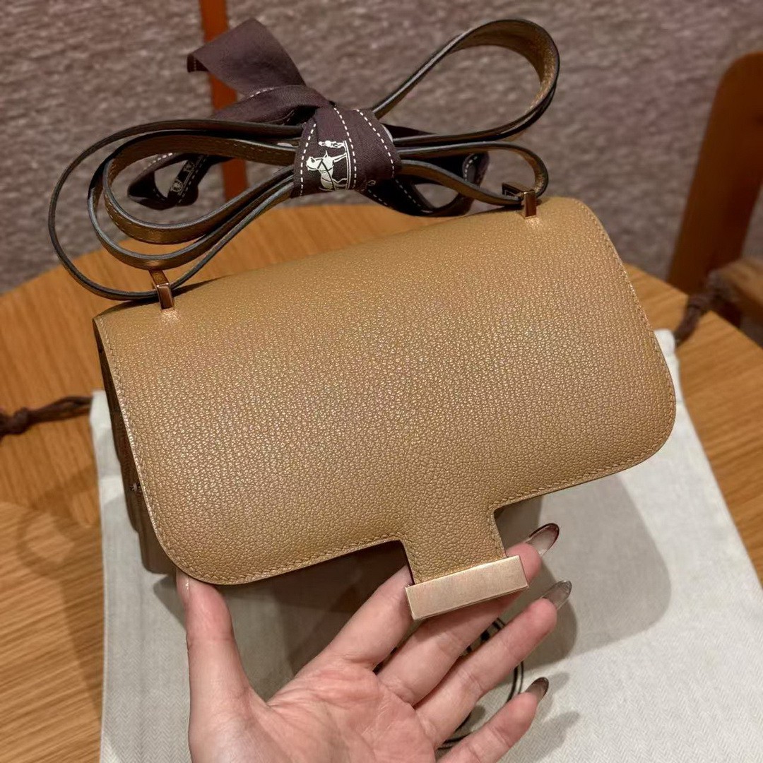 Hermes Constance 19 CM Bag Handmade In Chèvre Calfskin Leather Rose Gold Hardware OM Chai - Image 3