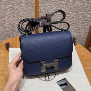 Hermes Constance 19 CM Bag Handmade In Epsom Calfskin Leather Silver Hardware P5 Bleu Tie