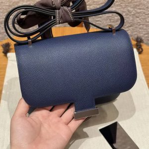 Hermes Constance 19 CM Bag Handmade In Epsom Calfskin Leather Silver Hardware P5 Bleu Tie - Image 7