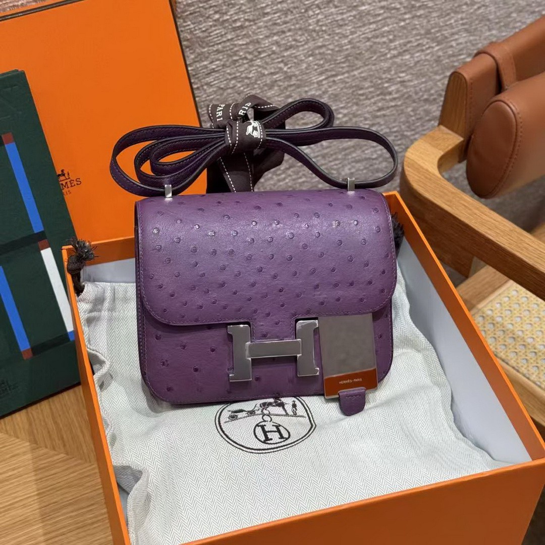 Hermes Constance 19 CM Bag Handmade In KK Ostrich Leather from South Africa Silver Hardware P9 Anemone - Image 9
