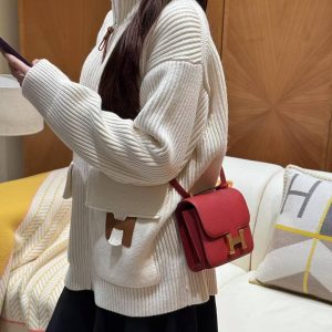 Hermes Constance 19 CM Bag Handmade In Epsom Calfskin Leather Gold Hardware Q5 Rouge Casque - Image 3