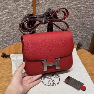 Hermes Constance 19 CM Bag Handmade In Epsom Calfskin Leather Silver Hardware Q5 Rouge Casque