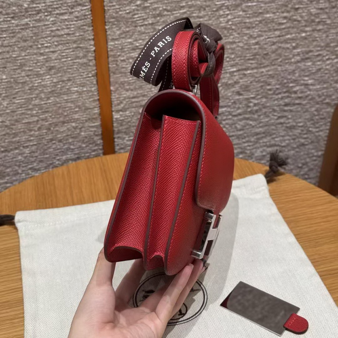 Hermes Constance 19 CM Bag Handmade In Epsom Calfskin Leather Silver Hardware Q5 Rouge Casque - Image 19