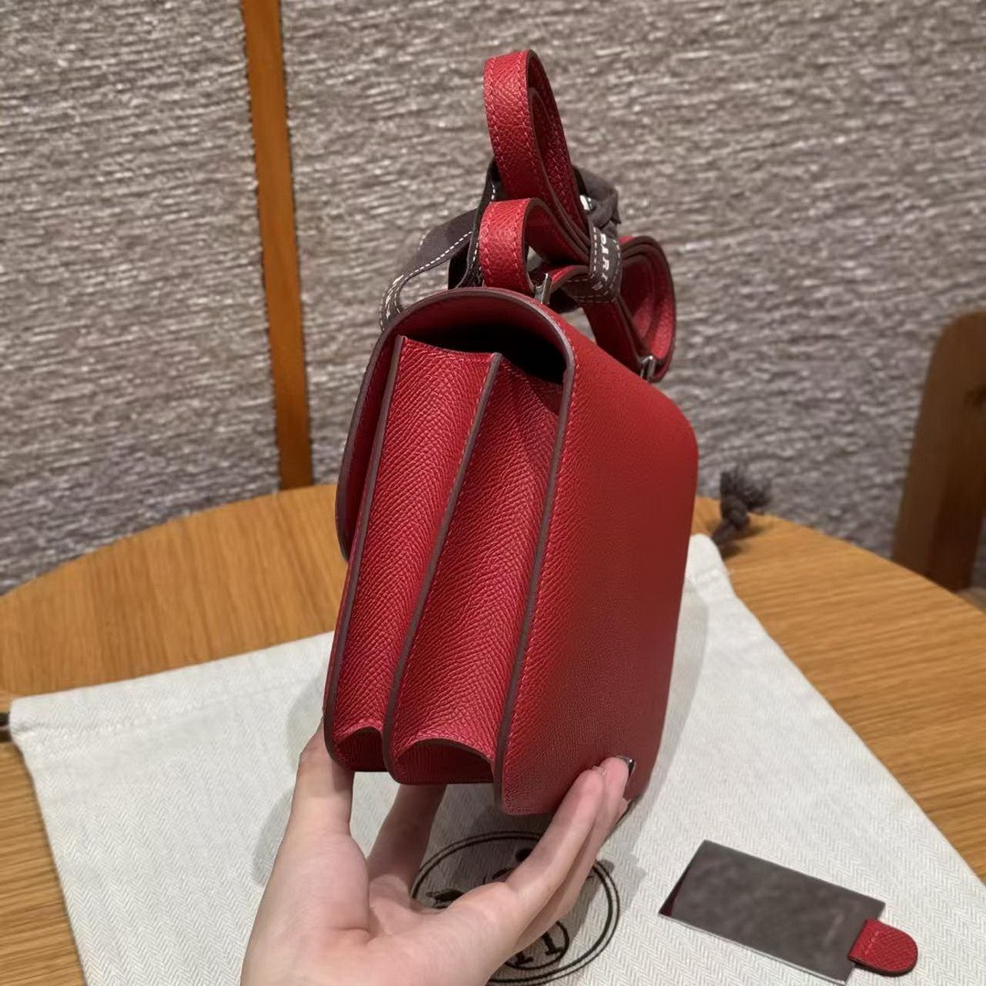 Hermes Constance 19 CM Bag Handmade In Epsom Calfskin Leather Silver Hardware Q5 Rouge Casque - Image 18