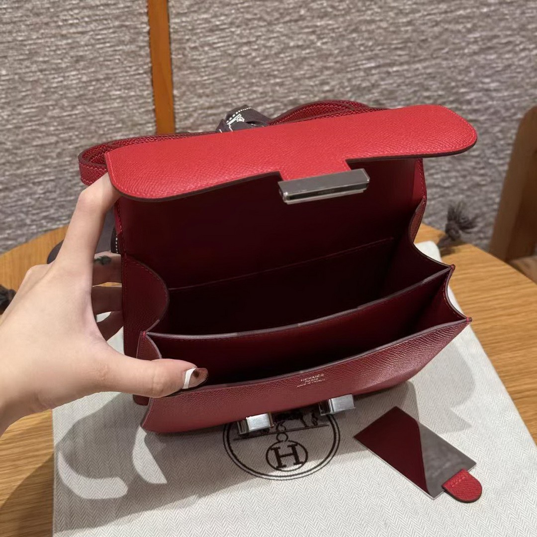 Hermes Constance 19 CM Bag Handmade In Epsom Calfskin Leather Silver Hardware Q5 Rouge Casque - Image 16