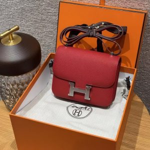 Hermes Constance 19 CM Bag Handmade In Epsom Calfskin Leather Silver Hardware Q5 Rouge Casque - Image 12