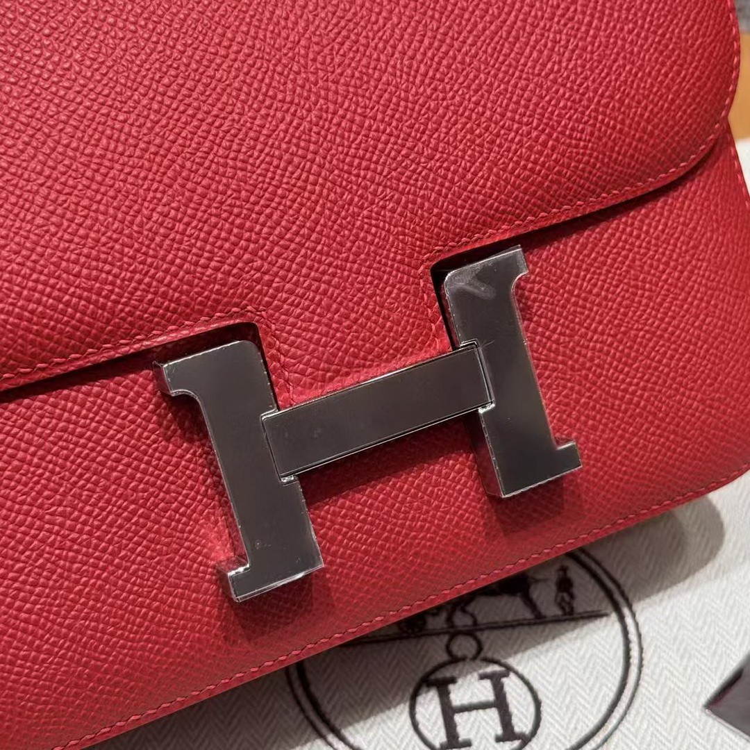 Hermes Constance 19 CM Bag Handmade In Epsom Calfskin Leather Silver Hardware Q5 Rouge Casque - Image 11