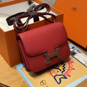 Hermes Constance 19 CM Bag Handmade In Epsom Calfskin Leather Silver Hardware Q5 Rouge Casque - Image 3