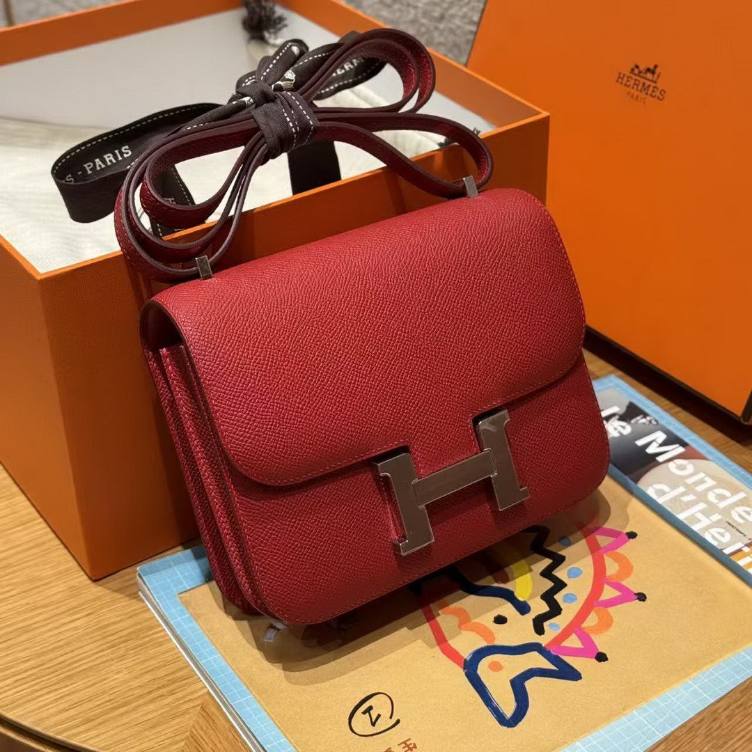 Hermes Constance 19 CM Bag Handmade In Epsom Calfskin Leather Silver Hardware Q5 Rouge Casque - Image 3