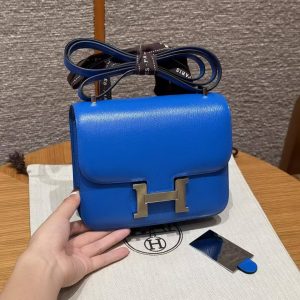 Hermes Constance 19 CM Bag Handmade In Chèvre Calfskin Leather Silver Hardware T7 Blue Hydra