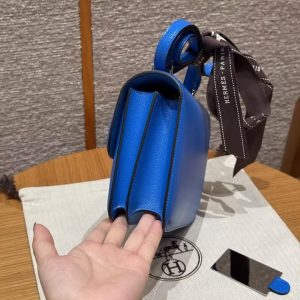 Hermes Constance 19 CM Bag Handmade In Chèvre Calfskin Leather Silver Hardware T7 Blue Hydra - Image 19