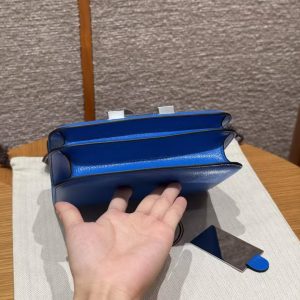 Hermes Constance 19 CM Bag Handmade In Chèvre Calfskin Leather Silver Hardware T7 Blue Hydra - Image 17