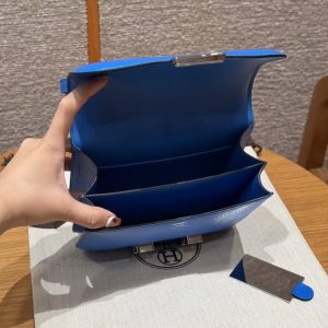 Hermes Constance 19 CM Bag Handmade In Chèvre Calfskin Leather Silver Hardware T7 Blue Hydra - Image 16