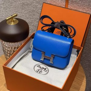 Hermes Constance 19 CM Bag Handmade In Chèvre Calfskin Leather Silver Hardware T7 Blue Hydra - Image 12