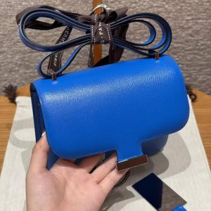 Hermes Constance 19 CM Bag Handmade In Chèvre Calfskin Leather Silver Hardware T7 Blue Hydra - Image 11