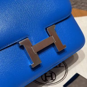 Hermes Constance 19 CM Bag Handmade In Chèvre Calfskin Leather Silver Hardware T7 Blue Hydra - Image 9