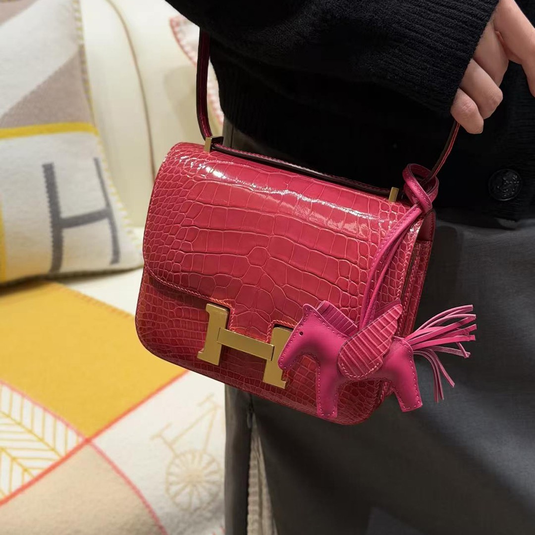 Hermes Constance 19 CM Bag Handmade In Alligator Leather from Mississippi Gold Hardware i6 Rose Extreme - Image 3