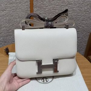 Hermes Constance 24 CM Bag Handmade In Epsom Calfskin Leather Silver Hardware 10 Craie