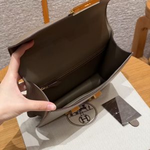Hermes Constance 24 CM Bag Handmade In Chèvre Calfskin Leather Gold Hardware 18 Etoupe - Image 16