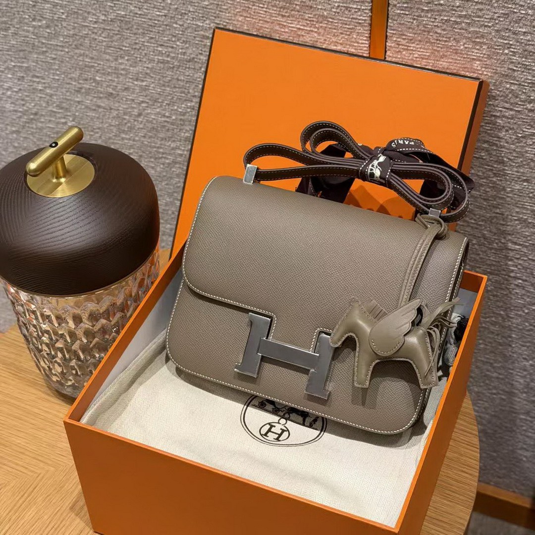 Hermes Constance 24 CM Bag Handmade In Epsom Calfskin Leather Silver Hardware 18 Etoupe - Image 12