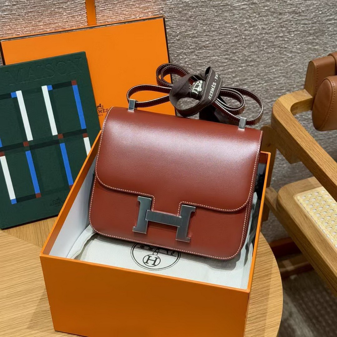 Hermes Constance 24 CM Bag Handmade In Box Calfskin Leather Silver Hardware 36 Brique - Image 5