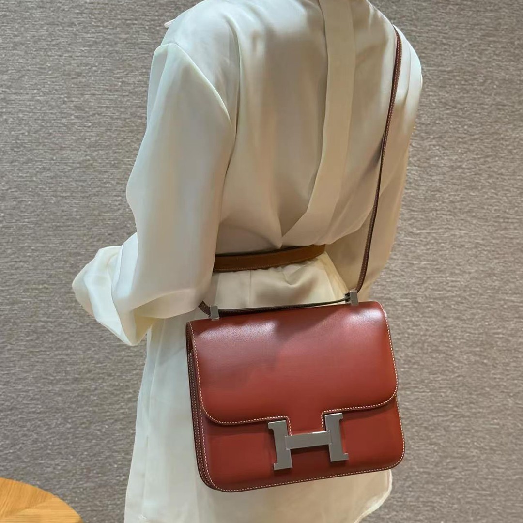 Hermes Constance 24 CM Bag Handmade In Box Calfskin Leather Silver Hardware 36 Brique - Image 4
