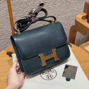 Hermes Constance 24 CM Bag Handmade In Lizard Leather from South Africa Gold Hardware 60 Vert Cypress