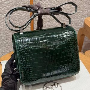 Hermes Constance 24 CM Bag Handmade In Porosus Crocodile Leather Silver Hardware 67 Vert Fonce - Image 2