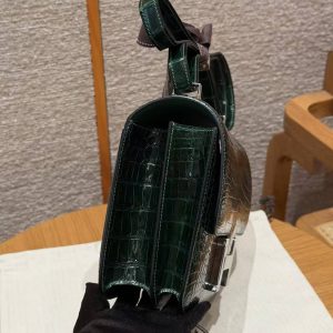 Hermes Constance 24 CM Bag Handmade In Porosus Crocodile Leather Silver Hardware 67 Vert Fonce - Image 18