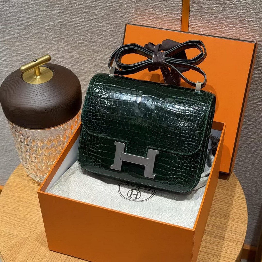 Hermes Constance 24 CM Bag Handmade In Porosus Crocodile Leather Silver Hardware 67 Vert Fonce - Image 11