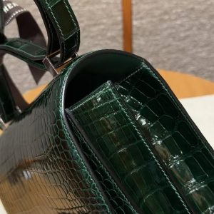Hermes Constance 24 CM Bag Handmade In Porosus Crocodile Leather Silver Hardware 67 Vert Fonce - Image 9