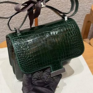Hermes Constance 24 CM Bag Handmade In Porosus Crocodile Leather Silver Hardware 67 Vert Fonce - Image 7